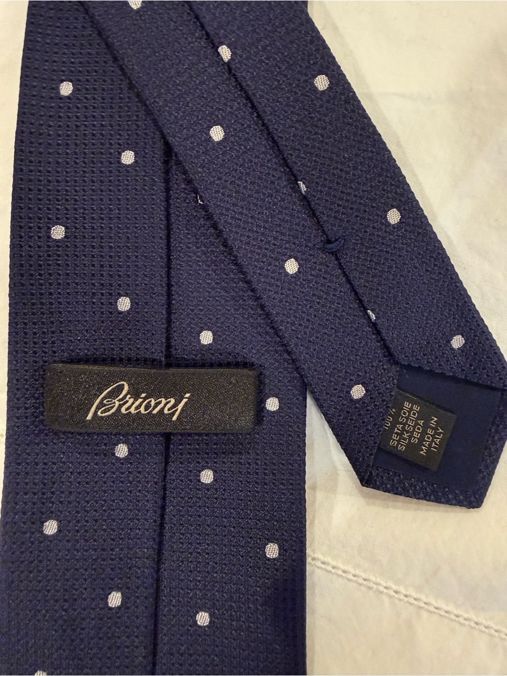 Brioni Navy Tie with White Polka Dots